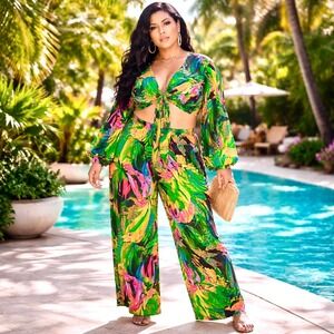 Womens Tropical Print Tie‎ Front 2 pc Boho set- 1X